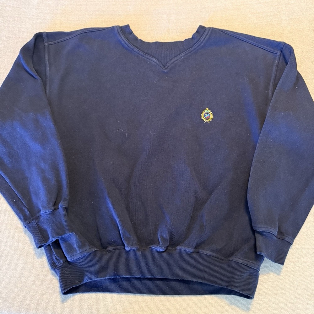 Vintage Janzen Sweatshirt Mens M Navy Crest Embroidered Made Korea 90s Preppy